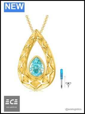 10k Gold Chain Teardrop Urn Necklace Crushed Ice Simulated Diamond Birthstone